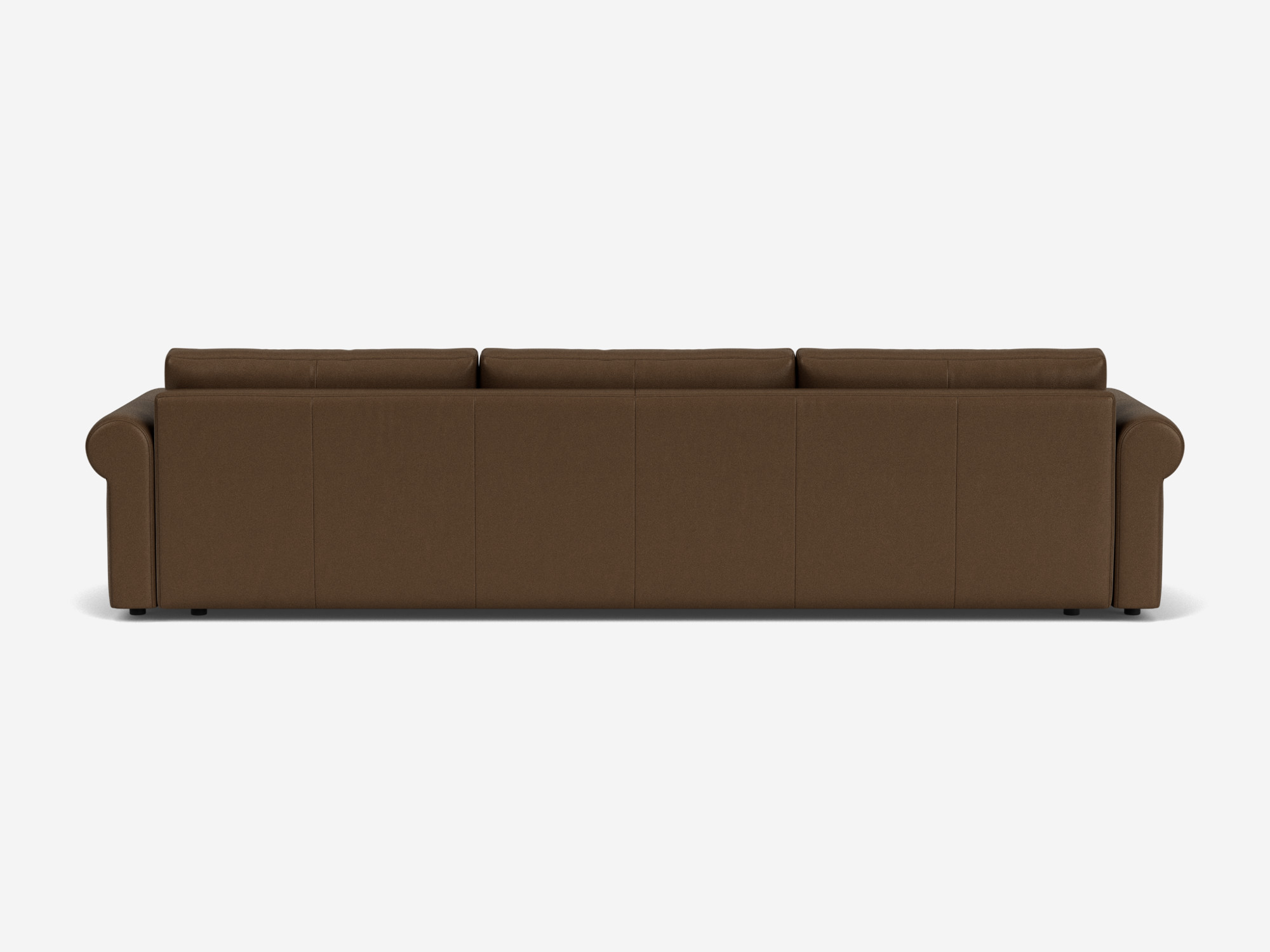 Brown leather 3-seat sofa with roll arms back view